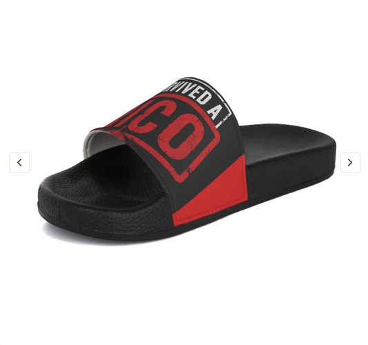 Men's Slide Sandals – "I Survived A Rico" Red & Black Slides