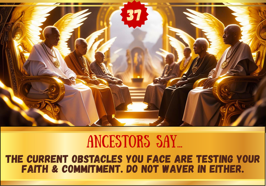 Image of a group of elderly men in robes with a golden throne and angelic figures in the background, featuring text about faith and commitment.