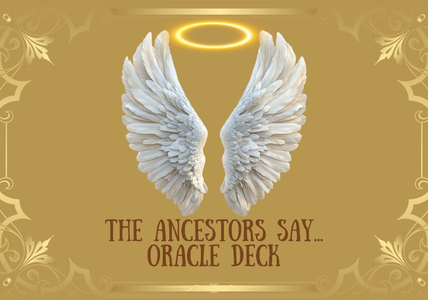Oracle deck cover with angel wings and text on a gold background