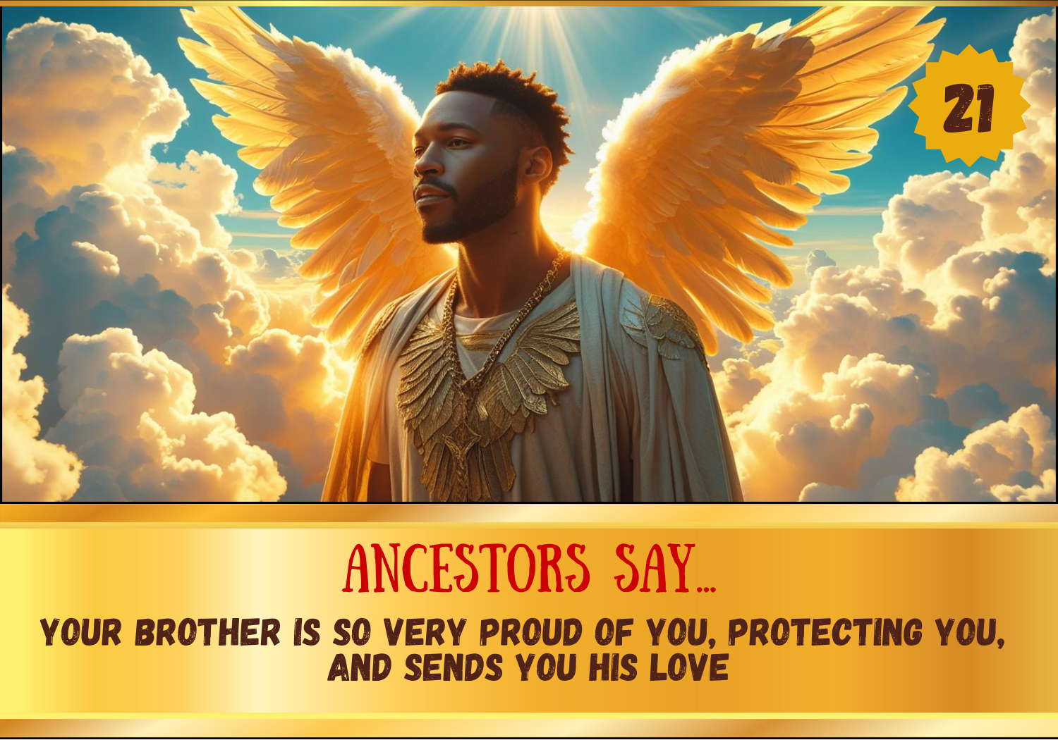 Man with angel wings in a heavenly setting with text overlay