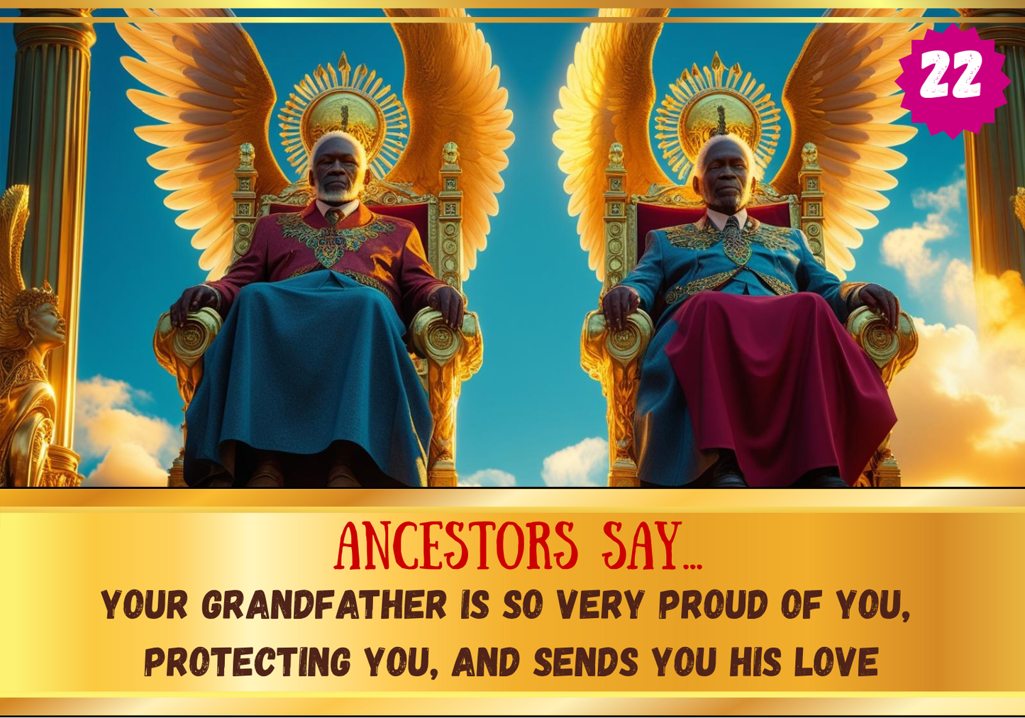 Two figures on thrones with angelic wings, surrounded by clouds and a blue sky, with text overlay.
