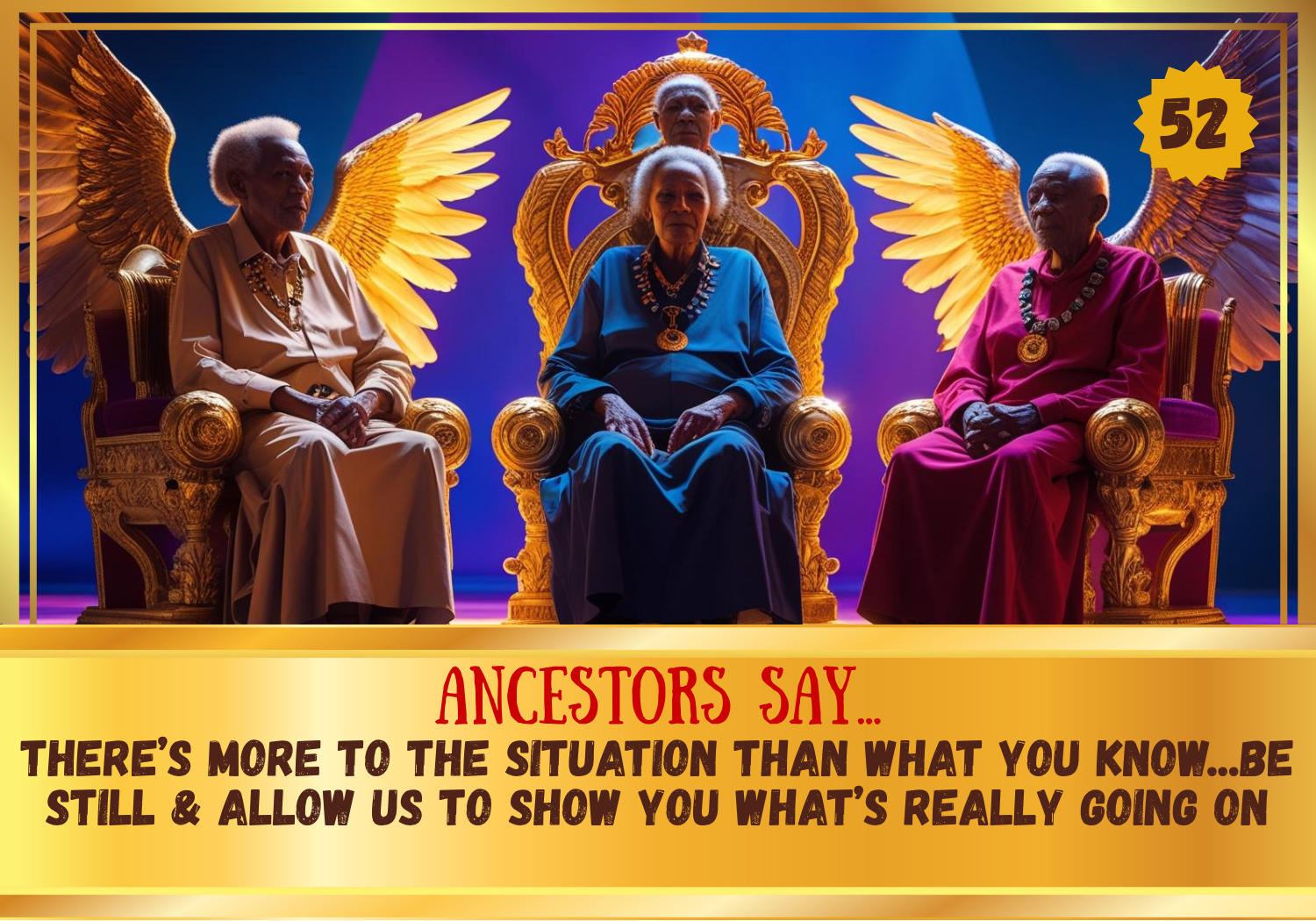 Three figures on a throne with wings, surrounded by text and decorative elements.