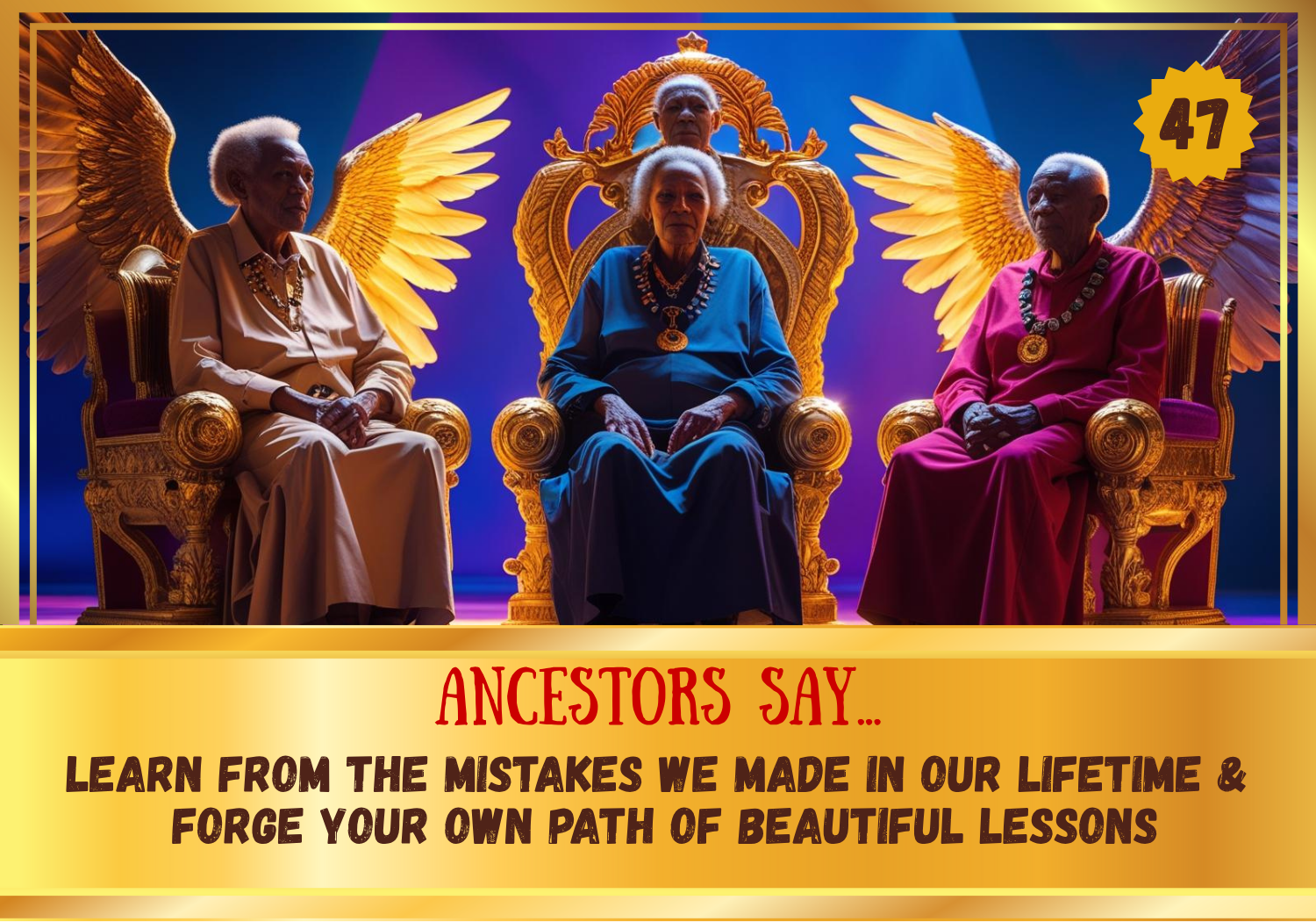 Three figures on a throne with wings, surrounded by a purple and blue gradient background, and text overlay.